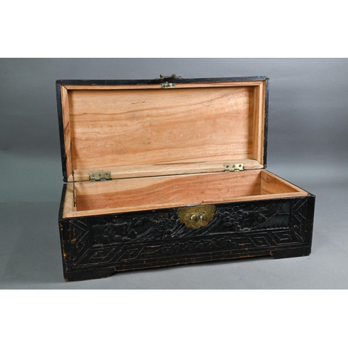 498 - An early 20th century Chinese hardwood and camphor lined table top scholars chest, the exterior prof... 