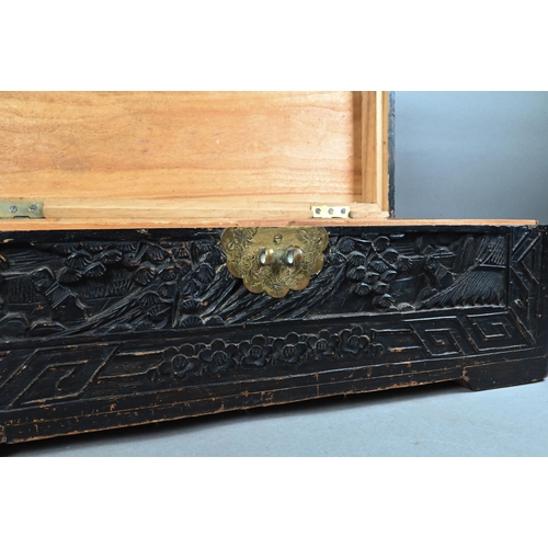 498 - An early 20th century Chinese hardwood and camphor lined table top scholars chest, the exterior prof... 