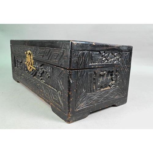 498 - An early 20th century Chinese hardwood and camphor lined table top scholars chest, the exterior prof... 