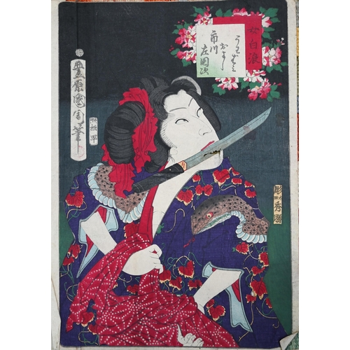 501 - Five unframed and unmounted 19th century Japanese ukiyo-e woodblock prints, Oban Tate-e, all approx.... 