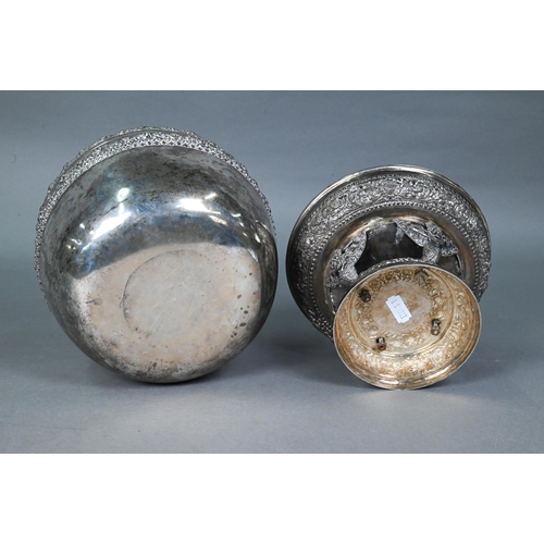 508 - A South East Asian silver stem bowl and cover with lotus bud finial, profusely embossed and engraved... 