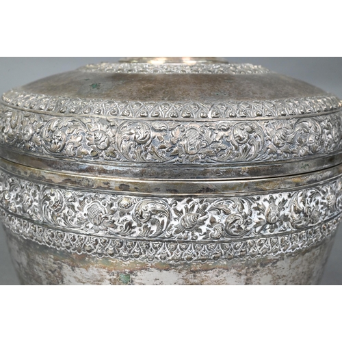 508 - A South East Asian silver stem bowl and cover with lotus bud finial, profusely embossed and engraved... 