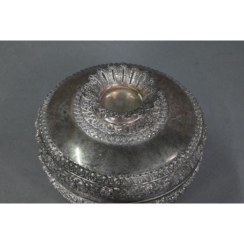 508 - A South East Asian silver stem bowl and cover with lotus bud finial, profusely embossed and engraved... 