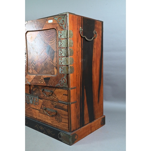 514 - An early 20th century Japanese hardwood, possibly zelkova and marquetry ledger chest (Choba Dansu) f... 