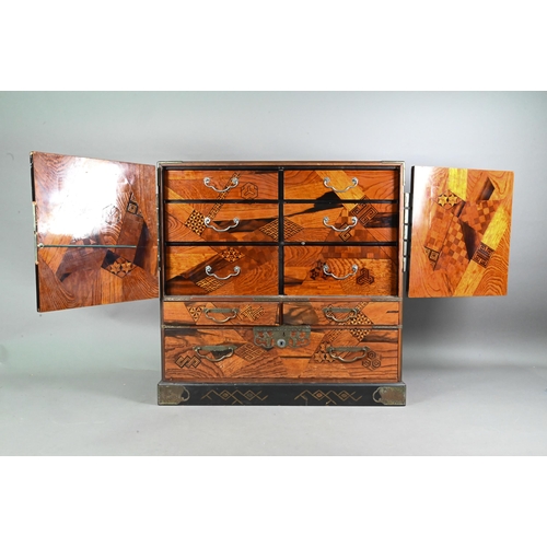 514 - An early 20th century Japanese hardwood, possibly zelkova and marquetry ledger chest (Choba Dansu) f... 