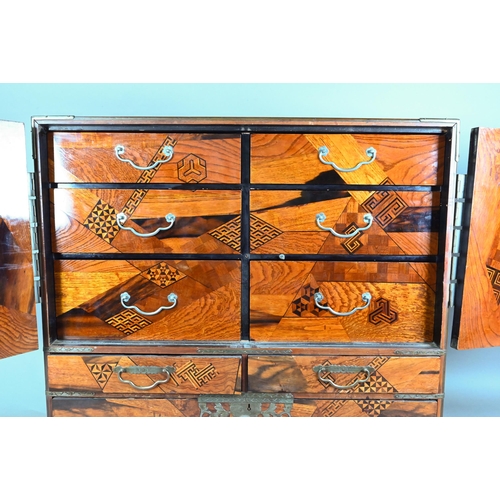 514 - An early 20th century Japanese hardwood, possibly zelkova and marquetry ledger chest (Choba Dansu) f... 