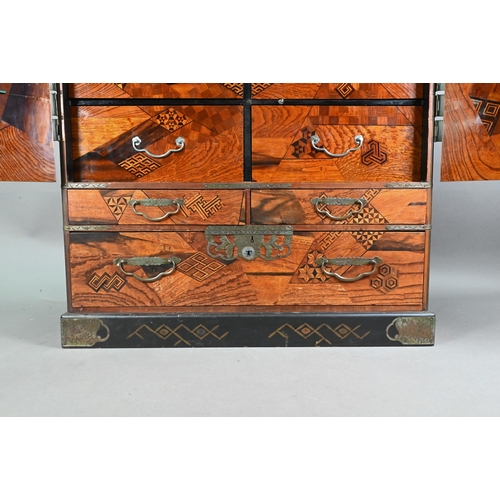 514 - An early 20th century Japanese hardwood, possibly zelkova and marquetry ledger chest (Choba Dansu) f... 