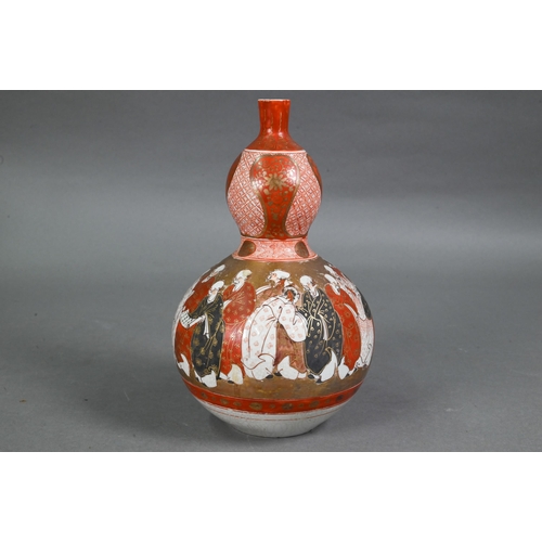 517 - A 19th century Japnese Kutani double gourd vase painted with Rakan studying scrolls, 22 cm high, a p... 