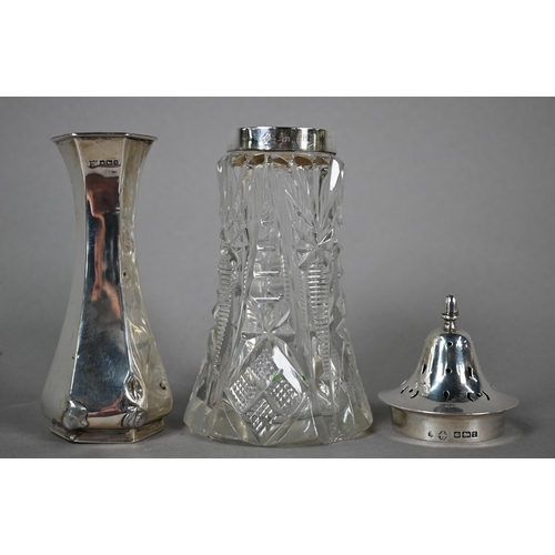 64 - Three silver pin dishes, 4.2oz, to/w hexagonal baluster specimen vase (repaired) and an Edwardian cu... 