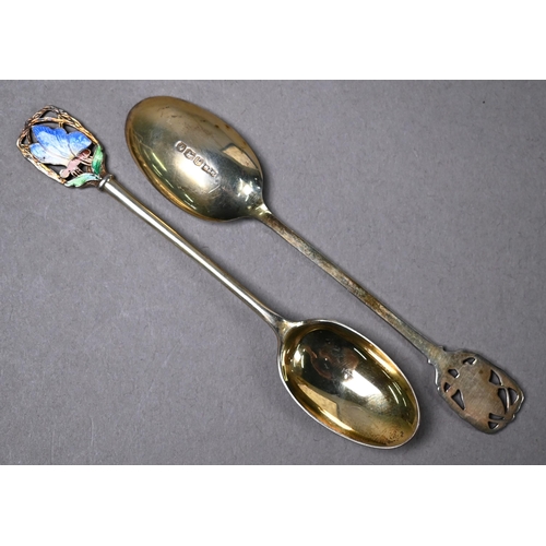 68 - Cased set of twelve Art Deco silver gilt coffee spoons with finials pierced and enamelled with butte... 