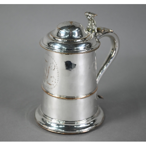 7 - Georgian Sheffield plate tankard, the domed cover with foliate scroll thumb-piece, the scroll handle... 