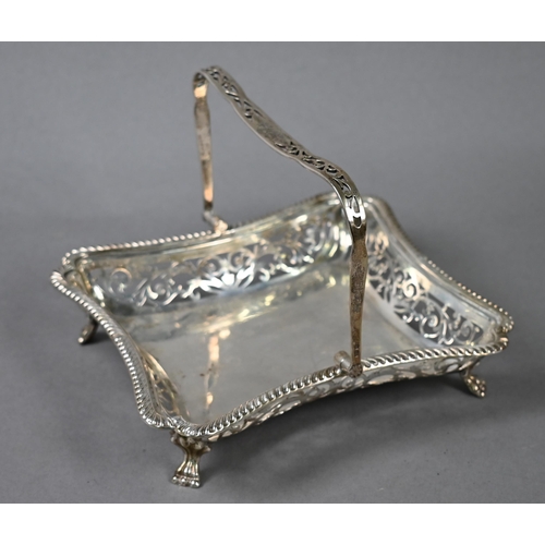 70 - Edwardian pierced silver basket with pierced sides and swing handle, on paw feet, Charles Harris, Bi... 