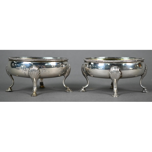 73 - Pair of George III oval silver open salts with beaded rims and hoof feet, Thomas Shepherd (probably)... 