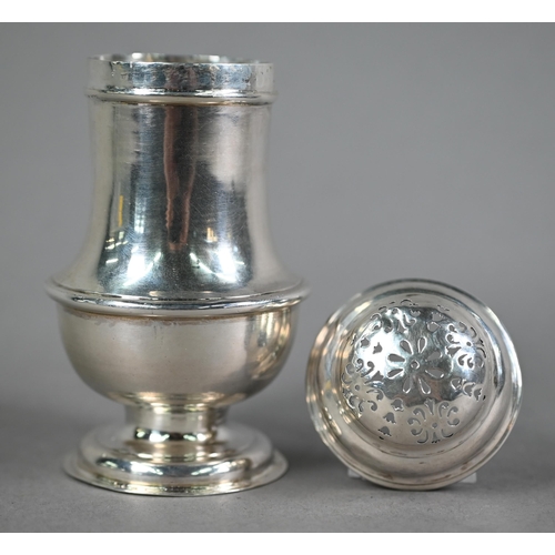 74 - George II silver baluster pounce-pot with domed top and moulded foot, Isaac Cookson, London 1734, 4.... 