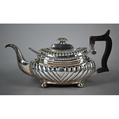 77 - George IV silver teapot in the Regency style, of half-reeded oblong form with foliate finial, gadroo... 