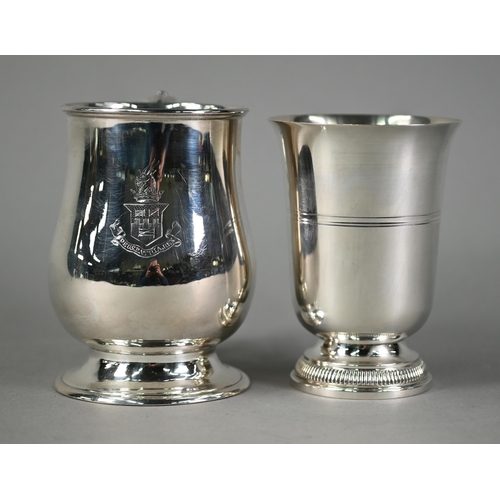 8 - Old Sheffield plate baluster pint mug with leaf-mounted scroll handle, on moulded foot, engraved wit... 
