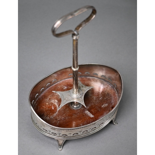 80 - George III oval silver cruet with wooden platform, engraved and pierced sides and scroll feet, centr... 