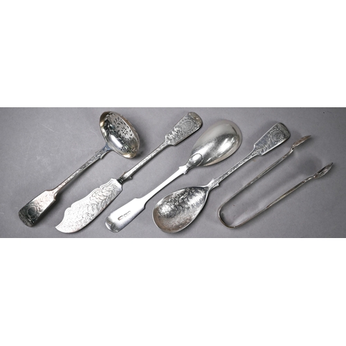 84 - Victorian cased silver set of fiddle pattern serving flatware with foliate engraving, comprising sug... 