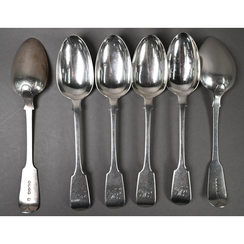 87 - Matched set of six Victorian fiddle pattern tablespoons - various makers and dates, including a pair... 