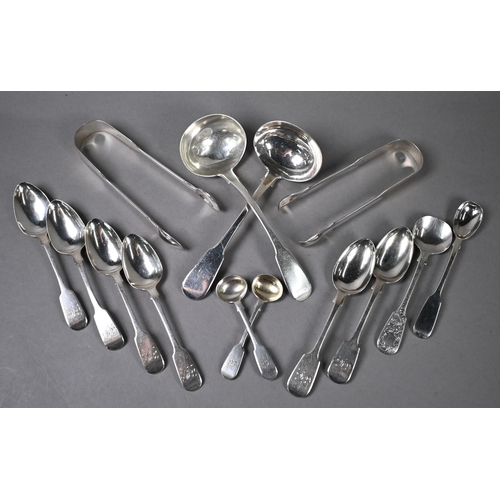 90 - Various 19th Century fiddle pattern silver flatware, including two sauce ladles, two pairs of sugar ... 