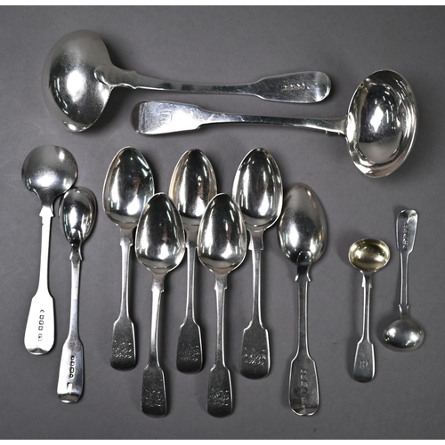 90 - Various 19th Century fiddle pattern silver flatware, including two sauce ladles, two pairs of sugar ... 