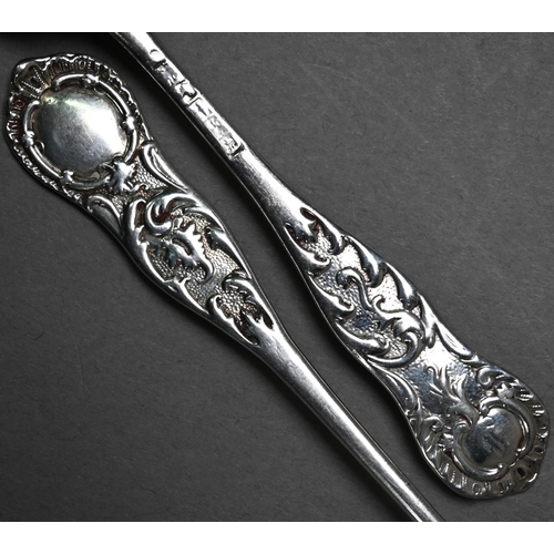 92 - Victorian Scottish silver long-handled salt ladle and matching mustard spoon with chased rococo revi... 