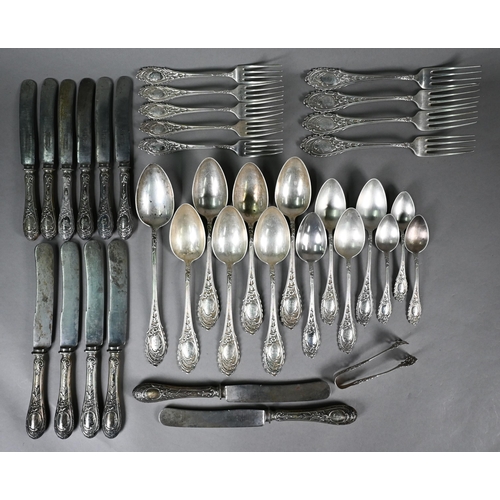 99 - Part set of German .800 grade flatware with ornate rococo handles, 42oz, to/w six each table knives ... 