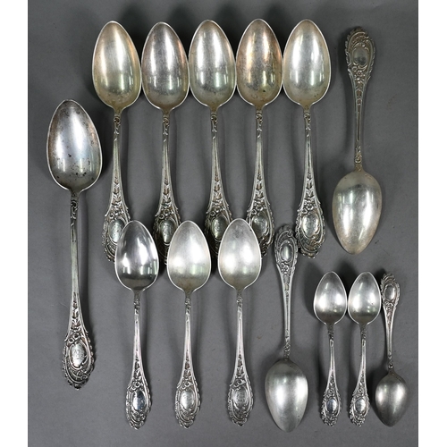 99 - Part set of German .800 grade flatware with ornate rococo handles, 42oz, to/w six each table knives ... 