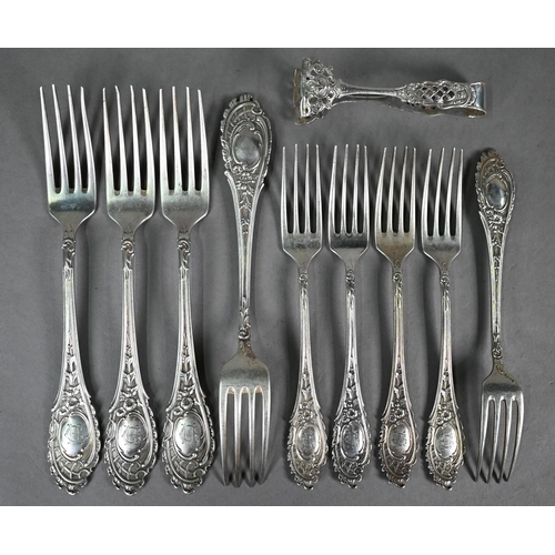 99 - Part set of German .800 grade flatware with ornate rococo handles, 42oz, to/w six each table knives ... 