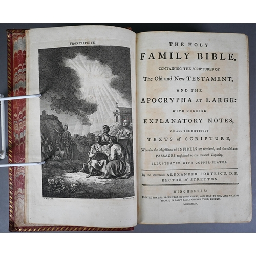 1008 - Holy Bible, notes by Rev Alexander Fortescu[sic], Rector of Stretton, Winchester 1774, gilt dec full... 