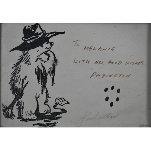 1015 - A framed card, printed with Paddington Bear and inscribed in fibre-pen 'To Melanie with All Good Wis... 