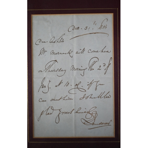 1112 - Autograph letter from Sir Edwin Landseer, Dec 31st 1850, 16.5 cm x 11 cm, later mounted framed and g... 