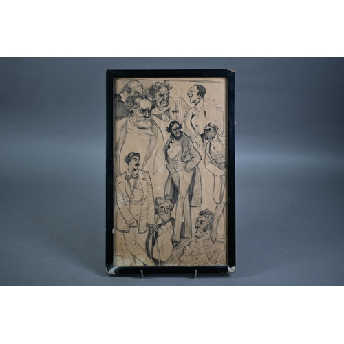 1113 - Framed page of caricature sketches, signed G K Chesterton, 31 x 29 cm, framed and glazed