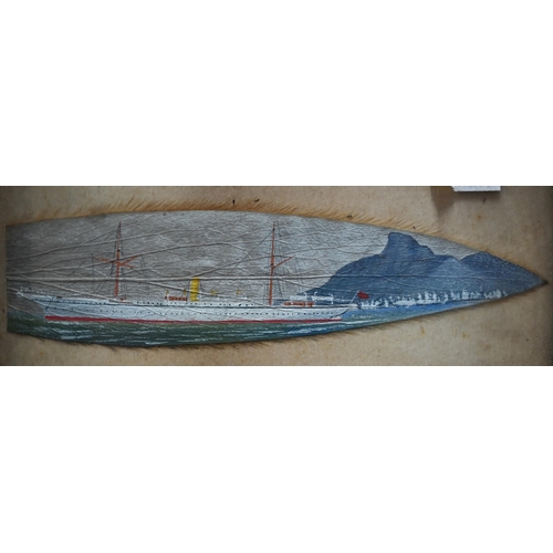 1130 - An antique miniature ship portrait, painted on a leaf, of a large yacht off Cape Town, to/w a small ... 