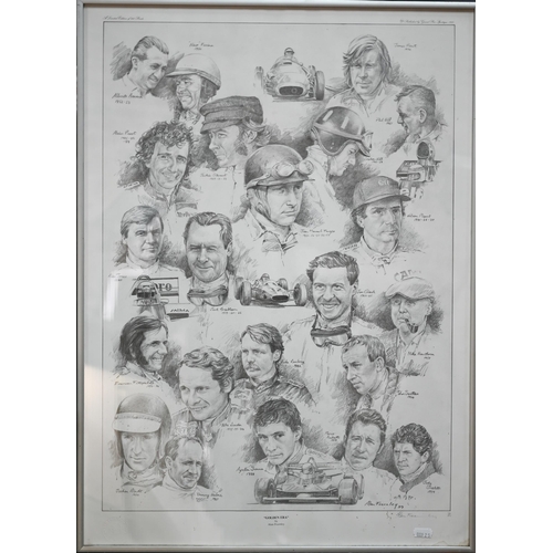 1131 - A collection of eight framed limited edition motor racing F1 (Formular 1) coloured prints by Alan Fe... 