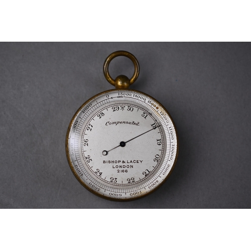 1161 - Victorian Bishop & Lacey gilt brass pocket barometer/thermometer with integral compass, no 2166,... 