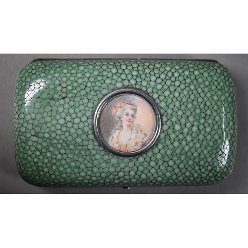 1166 - Antique continental hinged trinket-case with shagreen cladding and white metal mounts, inset with ci... 