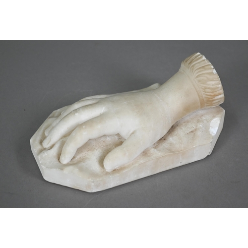 1181 - Victorian carved alabaster paperweight, modelled as a hand 16 cm long to/w a Victorian set of drawin... 