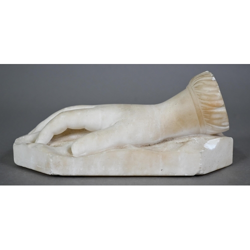 1181 - Victorian carved alabaster paperweight, modelled as a hand 16 cm long to/w a Victorian set of drawin... 