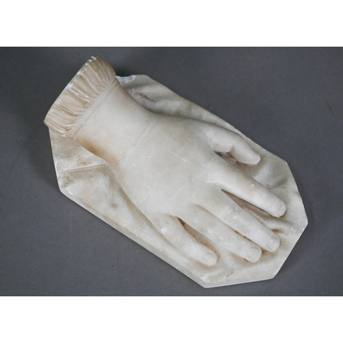 1181 - Victorian carved alabaster paperweight, modelled as a hand 16 cm long to/w a Victorian set of drawin... 