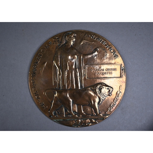 1191 - A WWI bronze Death plaque (polished) and portrait photo for 2nd Lieutenant Douglas George Rouquette,... 