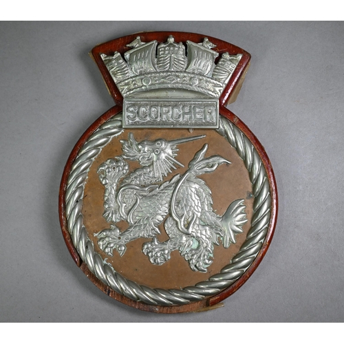 1202 - Aluminium and copper ship's badge, HMS Scorcher (submarine), 25 x 19 cm