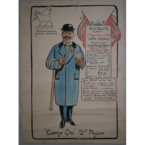 1203 - World War I ink and watercolour wash humorous spoof recuitment poster, 37 x 26 cm, later framed to/w... 