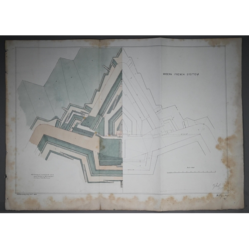 1205 - Five pen and watercolour plans for attacking fortress defences, Royal Military Academy 1875, signed ... 