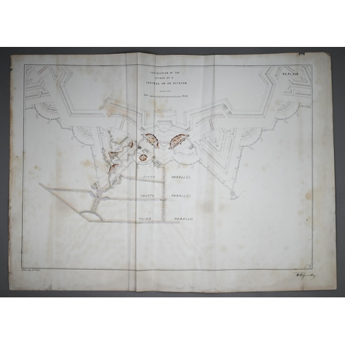 1205 - Five pen and watercolour plans for attacking fortress defences, Royal Military Academy 1875, signed ... 