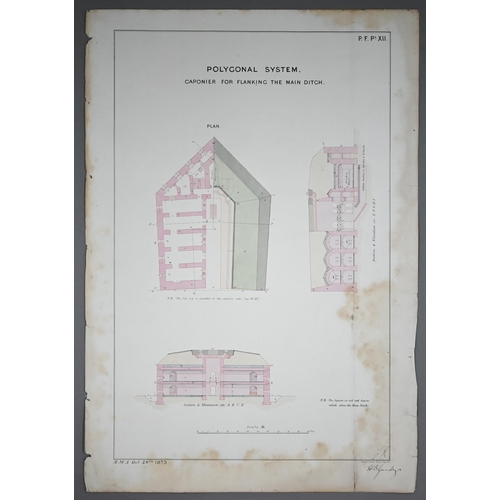 1205 - Five pen and watercolour plans for attacking fortress defences, Royal Military Academy 1875, signed ... 