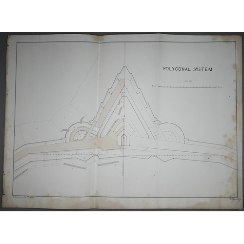 1205 - Five pen and watercolour plans for attacking fortress defences, Royal Military Academy 1875, signed ... 