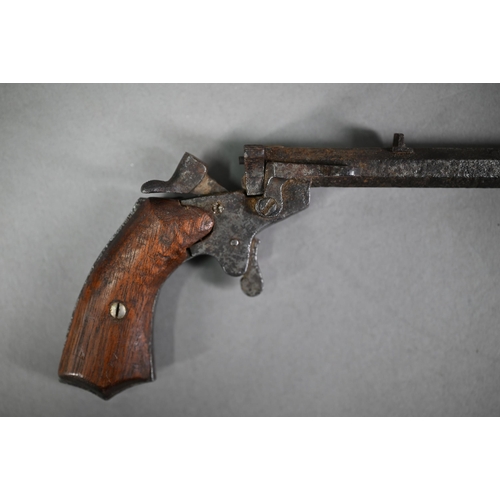 1214 - Antique breech-loading 'marksman's' pistol with hammer action and 30 cm barrel, two piece walnut gri... 