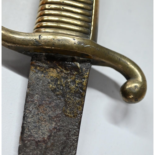 1219 - Two 19th century Naval cutlasses, with curved blades, one with cast brass hilt, the other with brass... 