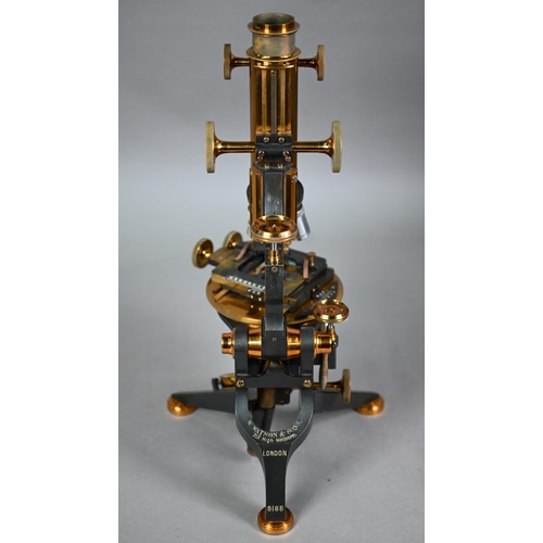 1229 - W Watson & Sons lacquered brass Van Huerke compound microscope with multiple lenses and intercha... 